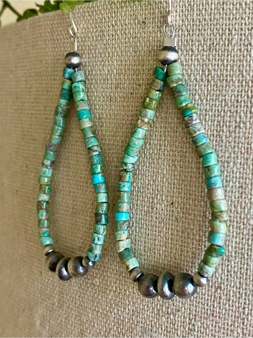 E16 Turquoise Heishi bead & sterling silver desert pearls dangle hoop earrings